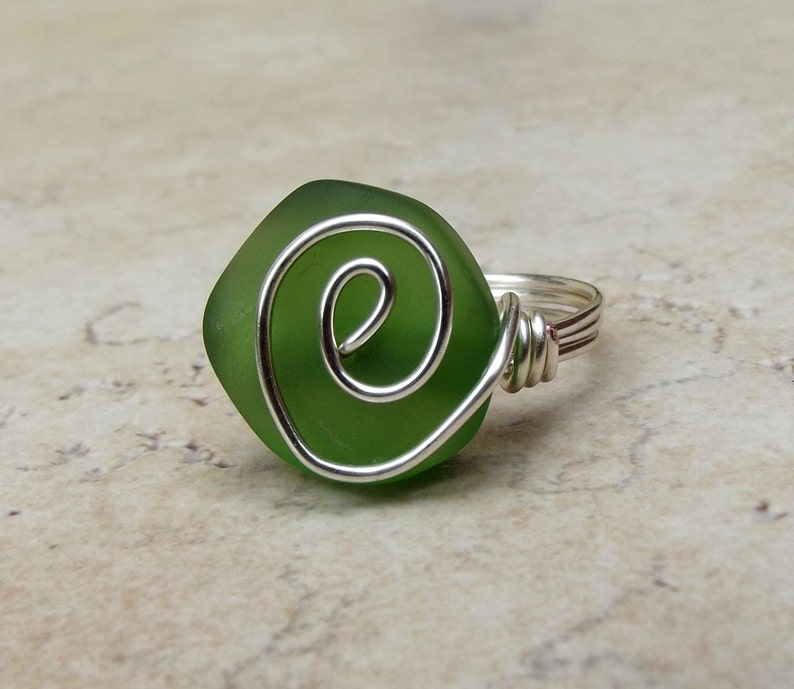 Bottle Green Sea Glass Ring Size 5 Silver Swirl Wire Wrapped Emerald Beach Jewelry