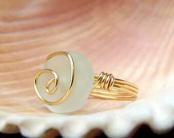 Light Aqua Sea Glass Ring:  24K Gold Swirl Spiral Wire Wrapped Beach Jewelry, Mint Seafoam Green Ring, Size 6