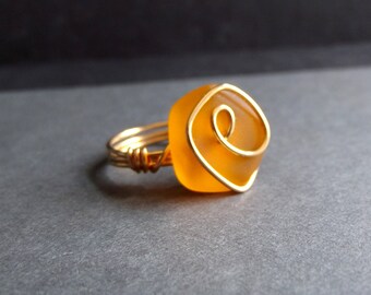 Pumpkin Orange Sea Glass Ring:  24K Gold Wire Wrapped Tangerine Tango Autumn Beach Jewelry, Size 6