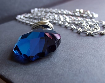 Large Blue Crystal Necklace:  Extra Long Silver Chain Necklace, Deep Capri  Ocean Blue Chandelier Crystal Necklace, Winter Wedding Jewelry
