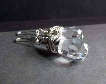 Clear Crystal Drop Earrings:  Fine Silver Wire Wrapped Earrings, Upcycled Chandelier Crystal Wedding Jewelry
