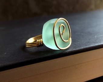 Sea Foam Green Ring: Sea Glass Ring, Gold Wire Wrapped Ring, Beach Holiday Wedding, Christmas Jewelry, Autumn Green