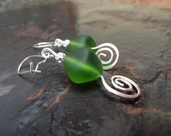Green Sea Glass Earrings:  Shamrock Green Drop Earrings, Silver Spiral Dangle Earrings, Spring Green Beach Wedding Jewelry