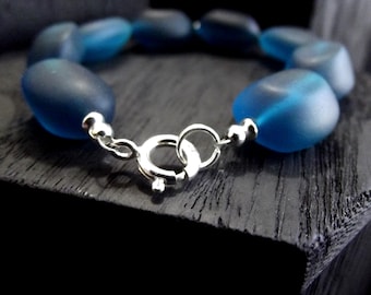 Teal Sea Glass Bracelet:  Dark Peacock Blue Stone Bracelet, Chunky Beach Jewelry, Sterling Silver