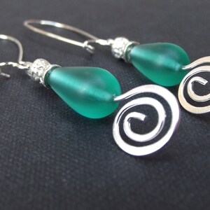 Green Sea Glass Earrings:  Hammered Silver Swirl Emerald Beach Wedding Jewelry, Pierced Teardrop Dangle Earrings