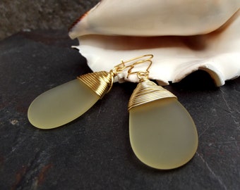 Yellow Sea Glass Earrings: Large Lemon Drops Earrings, Illuminating Jewelry, Spring Trends, Gold Wire Wrapped Statement Earrings