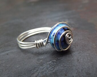 Cobalt Blue Ring:  Artisan Lampwork Glass Ring, Silver Wire Wrapped Ring, Royal Blue Glass Ring, Summer Nautical Jewelry