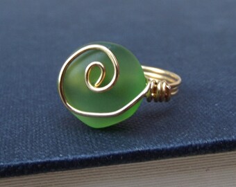 Green Sea Glass Ring:  St. Patricks Day Jewelry, 24K Gold Swirl Spiral Wire Wrapped Beach Jewelry, Emerald Bottle Green Ring, Size 6.5