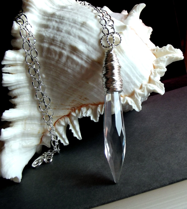 Crystal Point Necklace: Chandelier Crystal Dagger Necklace, Long Hammered Fine Silver Chain Glass Spear Icicle Necklace, Layering Jewelry image 3