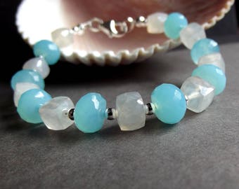 Aqua Blue and White Chalcedony Bracelet, Sterling Silver, 8 inch