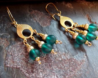 Contemporary Chandelier Earrings: Textured Brass Chunky Gold Earrings, Emerald Green Dangle Earrings, Christmas Jewelry, Art Deco Holiday