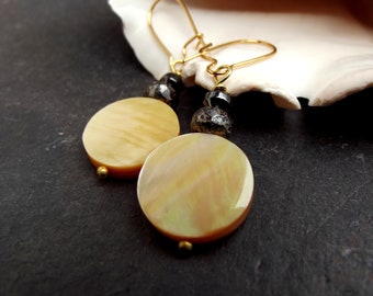 Yellow MOP Earrings: Mother of Pearl Coin Earrings, Illuminating Jewelry Spring Trends, Round Gold Drops, Ultimate Gray