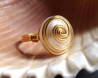 Cream Freshwater Pearl Ring:  24K Gold Plated Swirl Spiral Ivory White Modern Contemporary Wedding Jewelry, Size 7.5