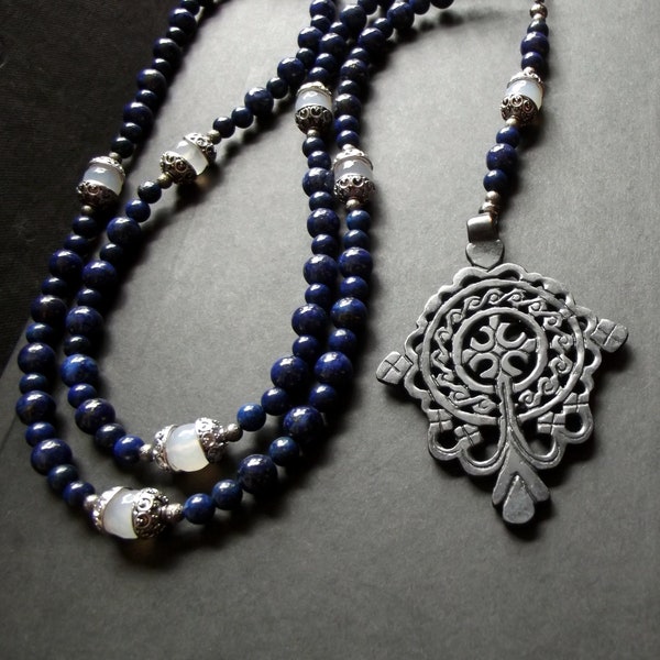 Lapis Rosary:  Lapis Lazuli and White Agate Long Necklace Extra Large Gothic Cross Blue and White Beaded Faith Jewelry Unisex Gender Neutral