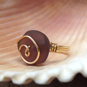 Purple Sea Glass Ring: 24K Gold Swirl Spiral Wire Wrapped Amethyst Plum Beach Jewelry, Size 7 image 4