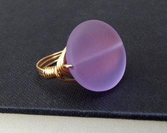 Purple Sea Glass Ring:  Lavender Large Stone Ring, Gold Wire Wrapped Beach Wedding Statement Jewelry