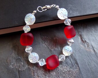 Aurora Borealis Bracelet: Bright Red Sea Glass Bracelet, Art Nouveau Style Beaded Bracelet, Christmas Jewelry, Iridescent Holiday