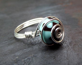 Turquoise Green Ring:  Silver Swirl Wire Wrapped Ring, Mint Green and Chocolate Brown Artisan Lampwork Glass Ring