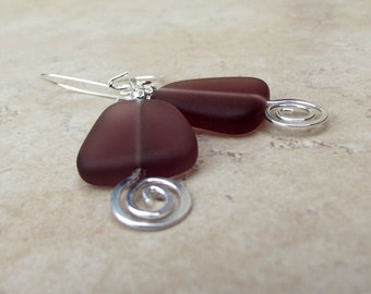 Plum Sea Glass Earrings:  Amethyst Purple Hammered Silver Swirl Dangle Triangle Geometric Beach Jewelry