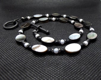 Black Mother of Pearl Necklace:  MOP Choker, Pale Lilac Freshwater Pearl Gemstone, Black Onyx Necklace, Steampunk