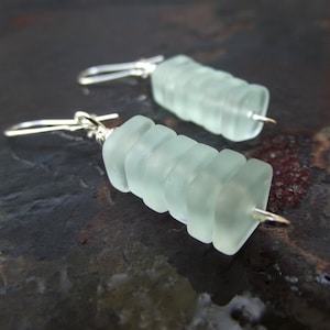 Aqua Drop Earrings:  Seafoam Green Sea Glass Stacked Cube Earrings, Petite Silver Wire Dangle Earrings, Modern Nautical Minimalist Jewelry