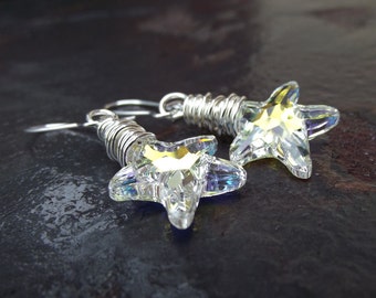 Starfish Earrings:  Clear Crystal Drop Earrings, Beach Bridal Jewelry, Silver Wire Wrapped Dangle Earrings, Ocean Themed Nautical Wedding