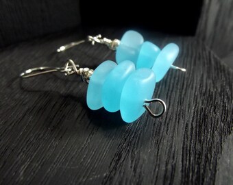 Blue Opal Earrings:  Sky Blue Sea Glass Earrings, Stacked Pebble Earrings, Spring Beach Jewelry
