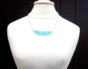 Deep Ocean Blue Sea Glass Necklace:  Freeform Beach Pebble Bar Necklace, Long Silver Chain Necklace, Summer Statement, Ocean Surf Jewelry