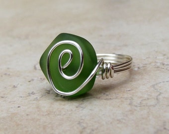 Bottle Green Sea Glass Ring:  Silver Swirl Wire Wrapped Shamrock Green Beach Jewelry
