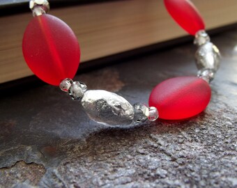 Red and Silver Beaded Bracelet: Sea Glass Bracelet, Christmas Jewelry, Holiday Arm Candy, Silver Metallic Bracelet, Czech Glass