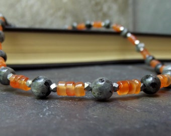 Men's Gemstone Necklace:  Orange and Black Choker, Biker Jewelry, Labradorite