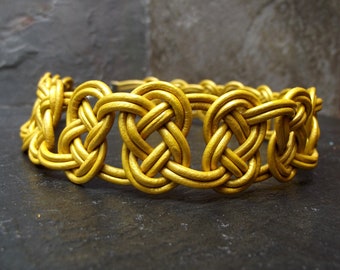 Gold Leather Bracelet / Anklet:  Mustard Yellow Wide Statement Bracelet, Celtic Knot Macrame Boho Jewelry