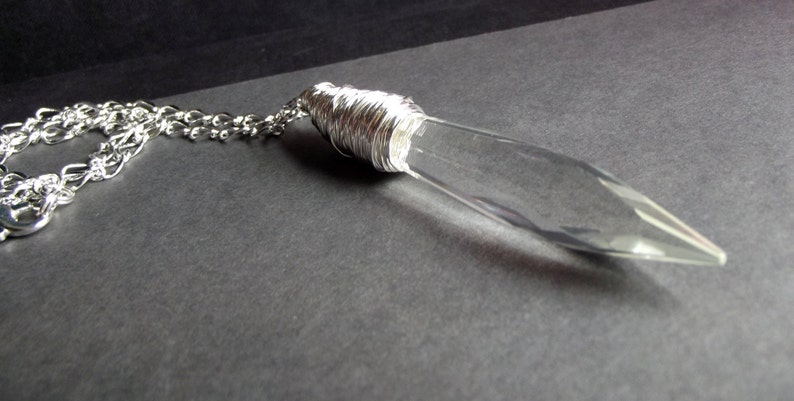 Crystal Point Necklace: Chandelier Crystal Dagger Necklace, Long Hammered Fine Silver Chain Glass Spear Icicle Necklace, Layering Jewelry image 4