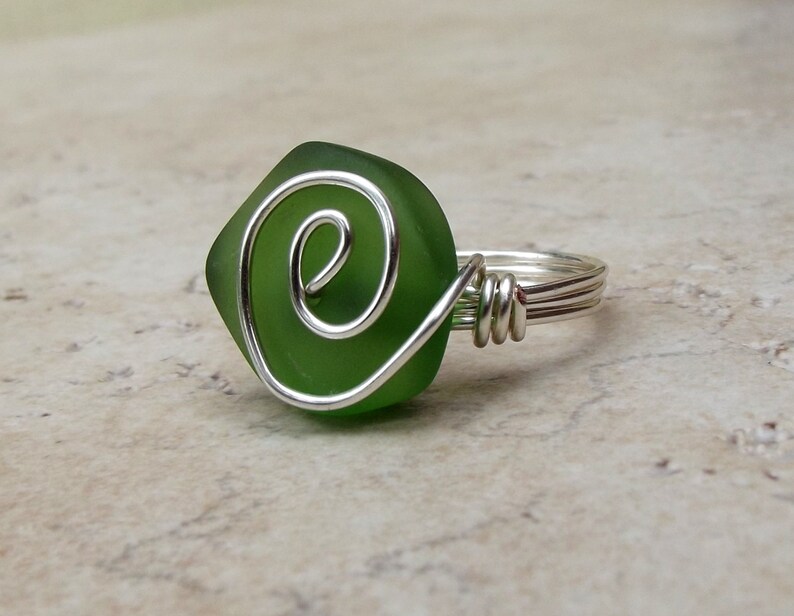 Bottle Green Sea Glass Ring Size 5 Silver Swirl Wire Wrapped Emerald Beach Jewelry