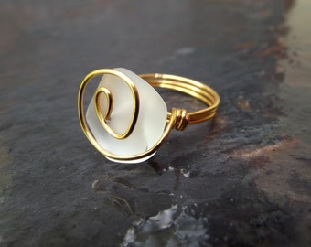 Sea Glass Ring:  White Beach Glass Ring, Gold Spiral Ring, Modern Nautical Ocean Wedding Jewelry, Maid of Honor Gift, Mother's Day