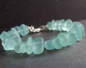 Aqua Sea Glass Bracelet:  Mint Green Beach Pebble Chunky Beaded Bracelet, Modern Nautical Ocean Themed Beach Jewelry