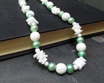 Green Freshwater Pearl Necklace: White Lava Stone Choker, Summer Beach Jewelry, Tropical Mint Green, White Shell, Ocean Lover