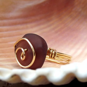 Purple Sea Glass Ring: 24K Gold Swirl Spiral Wire Wrapped Amethyst Plum Beach Jewelry, Size 7 image 2