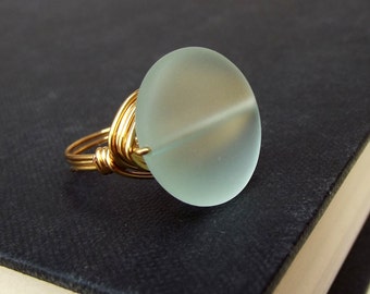 Aqua Sea Glass Statement Ring:  24K Gold Wire Wrapped Ring, Mint Green Large Stone Beach Jewelry, Size 6