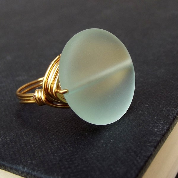 Aqua Sea Glass Statement Ring:  24K Gold Wire Wrapped Ring, Mint Green Large Stone Beach Jewelry, Size 7, Summer Statement