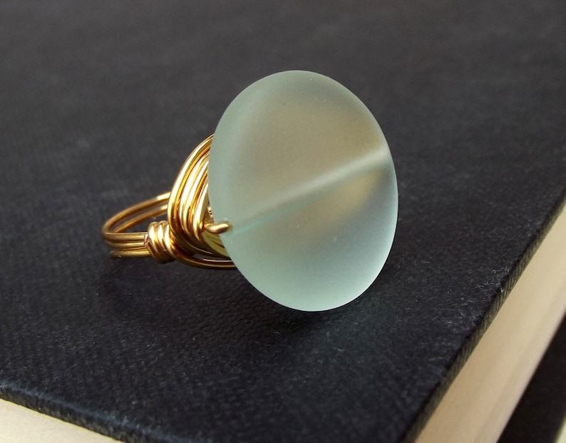 Summer Statement Aqua Sea Glass Statement Ring: 24K Gold Wire Wrapped Ring Size 7 Mint Green Large Stone Beach Jewelry