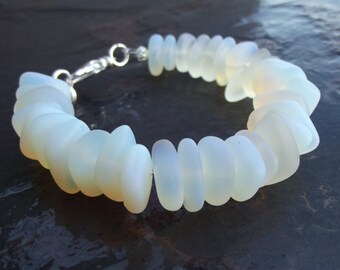 Moonstone Bracelet:  White Opal Sea Glass Bracelet, Chunky Beaded Bracelet, Ocean Surf Shop Jewelry, Beach Wedding Accessory