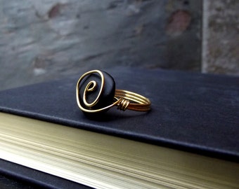 Black Sea Glass Ring:  Gold Wire Wrapped Swirl Ring, Modern Spiral, Beach Wedding Jewelry, Bridesmaids