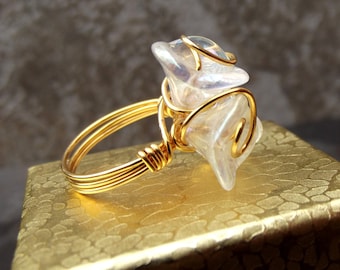 Crystal Flower Ring:  Floral Wedding Jewelry, Bridal Bouquet Ring, Gold Sparkle Wire Wrapped Ring, Bridesmaid Gift