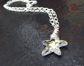 Crystal Starfish Necklace:  Long Silver Chain Necklace, Beach Bridal Jewelry, Ocean Themed Wedding, Nautical Star Necklace