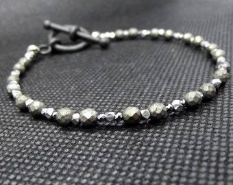 Dainty Pyrite Bracelet:  Bronze Gemstone Bracelet, Tiny Beaded Bracelet, Statement Black Toggle Clasp, Fools Gold