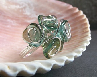 Aquamarine Ring:  Flower Cluster Ring, Large Bouquet Ring, Blue Green Glass Statement Ring, Silver Wire Wrapped Ring, Size 8