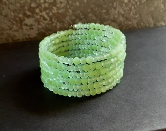 Sea Foam Green 6 Wrap Bracelet:  Mint Green Wide Cuff, Memory Wire, Cultured Sea Glass Beaded Bracelet
