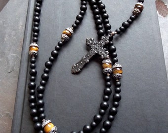 Victorian Mourning  Rosary:  Brown Tiger Eye and Black Agate Long Gemstone Necklace, Art Nouveau Gothic Cross, Unisex Gender Neutral Jewelry