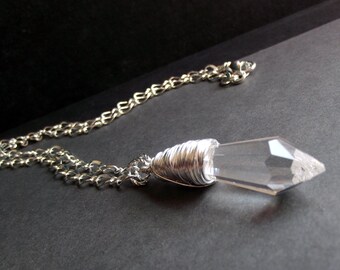 Chandelier Crystal Necklace:  Fine Silver Wire Wrapped Clear Prism Chunky Chain Necklace, Winter Jewelry